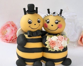 Wedding bee cake topper, bumble bee cake topper, hugging bride and groom wedding cake topper, bride to bee, BIG wedding figurines 5" tall!