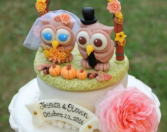 Custom wedding cake topper, owl cake topper, love bird cake topper with floral arch and grass base, fall cake topper, wedding gift