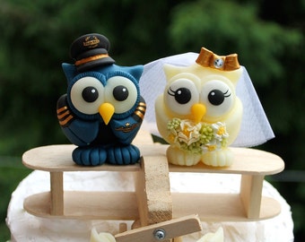 Plane wedding cake topper, owls love birds bride and groom, airplane pilot groom, with wooden plane