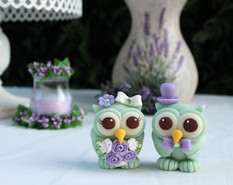 Wedding love bird cake topper, owl cake topper, bride and groom custom cake topper, rustic cake topper, lavender mint wedding with banner