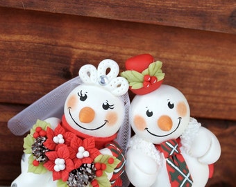 Wedding custom snowman cake topper, winter wedding, Christmas cake topper, Scottish tartan wedding, poinsettia Christmas bouquet