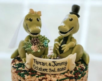 T-rex wedding cake topper, dinosaur animal unique bride and groom dino rustic cake topper, mr and mrs custom cake topper, dinosaur theme