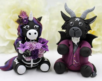 Gothic Skeleton Unicorn Dragon Wedding Cake Topper, Fantasy Halloween Victorian Couple Decoration