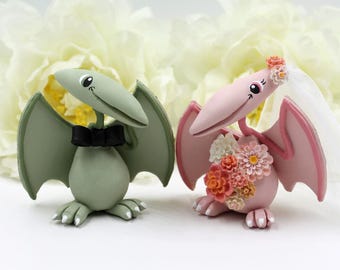 Pterodactyl dinosaur wedding cake topper, custom handmade bride and groom cake decoration, unique keepsake