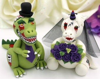 Zombie wedding cake topper, Halloween gothic goth undead wedding, zombie couple figurines, t-Rex Unicorn cake topper