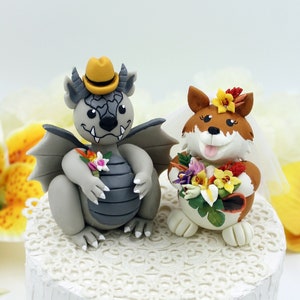 Unique custom wedding cake topper with dog, funny corgi cake topper, gothic medieval fantasy geek nerd wedding, gargoyle statue sculpture