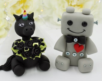 Unicorn Robot wedding fantasy geek cake topper, alternative black gothic nerd gamer robot wedding, black unicorn funny fairy cake topper