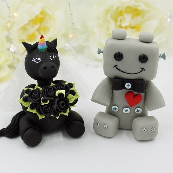 Unicorn Robot wedding fantasy geek cake topper, alternative black gothic nerd gamer robot wedding, black unicorn funny fairy cake topper