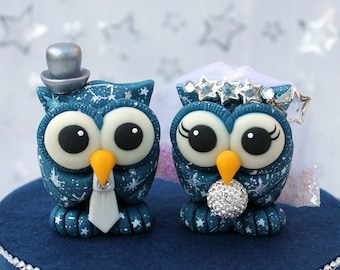 Celestial Astronomy Galaxy Starry Night wedding cake topper, Owl Love Bird unique custom cake topper