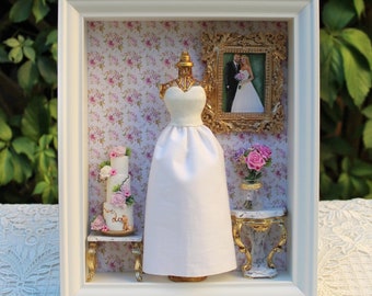 Wedding shadow box with miniature dress, cake and bouquet replica, diorama room box, bride anniversary unique gift, 3d model