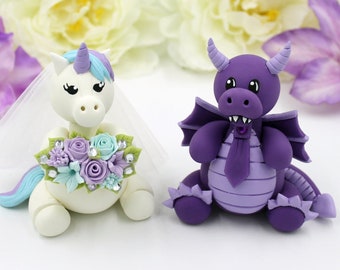 Dragon Unicorn wedding cake topper, funny gamer fantasy geek nerd purple custom medieval wedding cake topper, unicorn dragon decoration