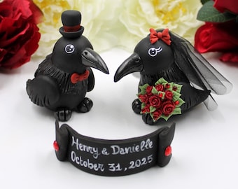 Raven Crow wedding cake topper, Halloween gothic fall October winter alternative spooky love birds wedding, bride and groom, hand made