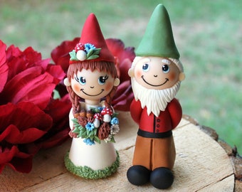 Gnome wedding cake topper, rustic bride and groom Mr and Mrs custom couple unique wedding cake topper, woodland wedding, fairy garden gnome