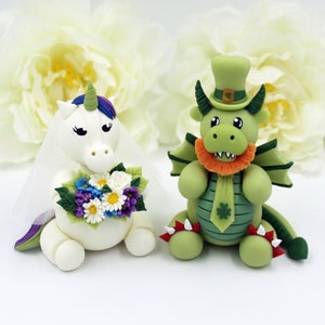 Dragon Unicorn Irish wedding cake topper, rustic custom shamrock lucky in love leprechaun personalized cake topper, Irish wedding gift