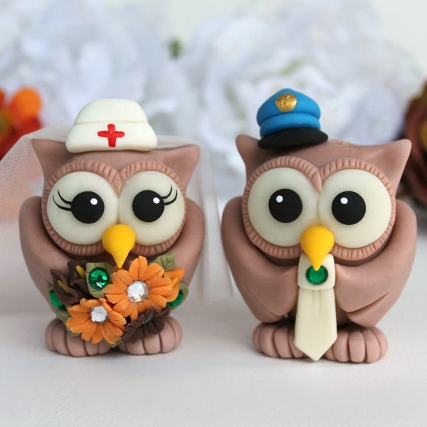 Owl wedding cake topper, customizable job cake topper, police groom and nurse bride