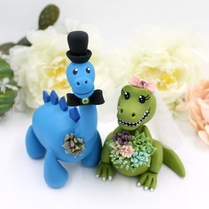 Dinosaurier Hochzeit T-rex Tortenstecker, Mr & Mrs rustikale Tier personalisiert Jurassic Park Braut und Bräutigam Brontosaurus Hochzeitstorte Topper Bild 1