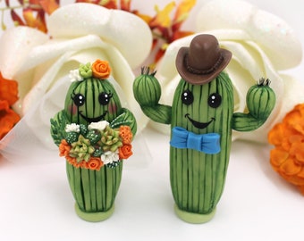 Cactus succulent desert wedding cake topper with dog, bride and groom saguaro figurines, rustic Mr and Mrs cake topper