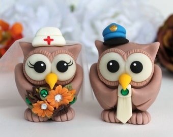 Owl wedding cake topper, customizable job cake topper, police groom and nurse bride