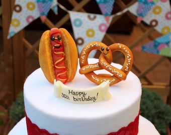 30th birthday cake topper, hot dog pretzel birthday wedding cake topper, funny fast food custom cake topper, food lover gift, summer parties