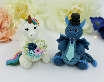 Personalized wedding cake topper, unicorn and dragon cake topper, geek Mr and Mrs nerd fantasy cake topper wedding cake decor