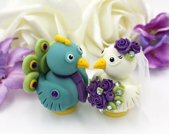 Peacock wedding bride and groom cake topper, unique wedding cake topper, wedding cake topper figurine, rustic wedding