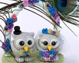 Owl love bird unique wedding cake topper, rustic woodland animal autumn custom cake topper, peacock theme wedding