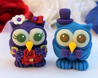 Bride and groom love bird owl cake topper, custom wedding cake topper, cute animal cake topper, owl wedding cake decorations with banner