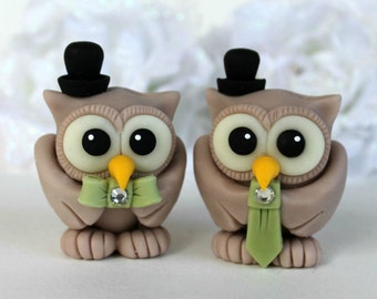 Same sex wedding cake topper, two grooms owl cake topper, gay cake topper, Mr and Mr cake topper, with banner