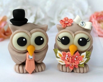 Wedding custom cake topper, owl cake topper, coral country personalized rustic wedding cake toppers