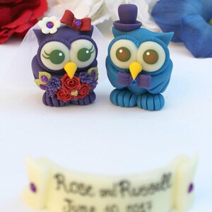 Bride and groom love bird owl cake topper, custom wedding cake topper, cute animal cake topper, owl wedding cake decorations with banner image 2