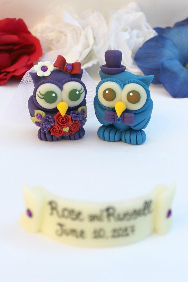 Bride and groom love bird owl cake topper, custom wedding cake topper, cute animal cake topper, owl wedding cake decorations with banner image 2