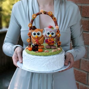 Owl love bird wedding cake topper with floral arc and grass base, BIGGER owls more than 4&quot; tall with banner