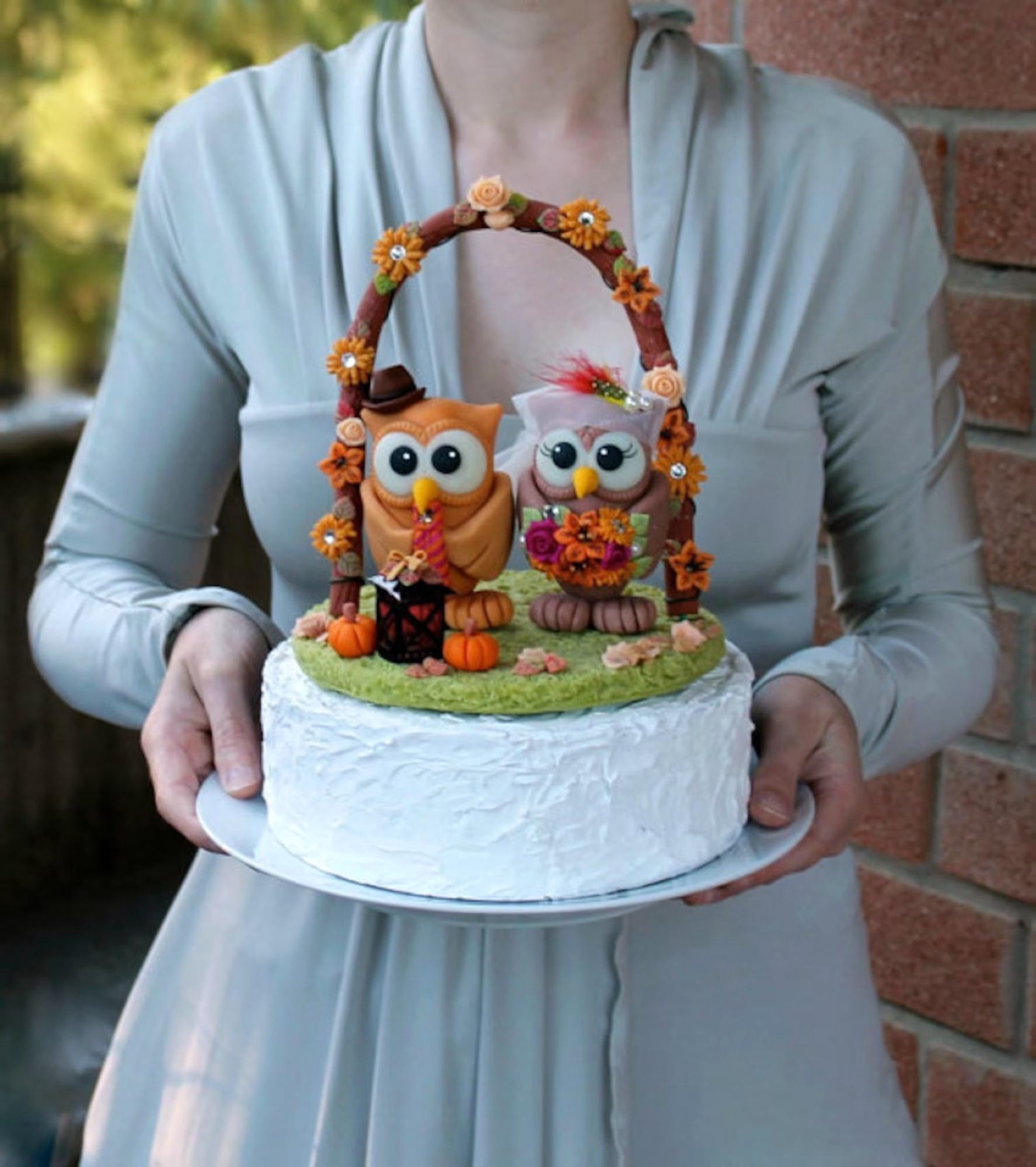 Owl Love Bird Wedding Cake Topper With Floral Arc and Grass Base, BIGGER  Owls More Than 4\, image size:1775x2000