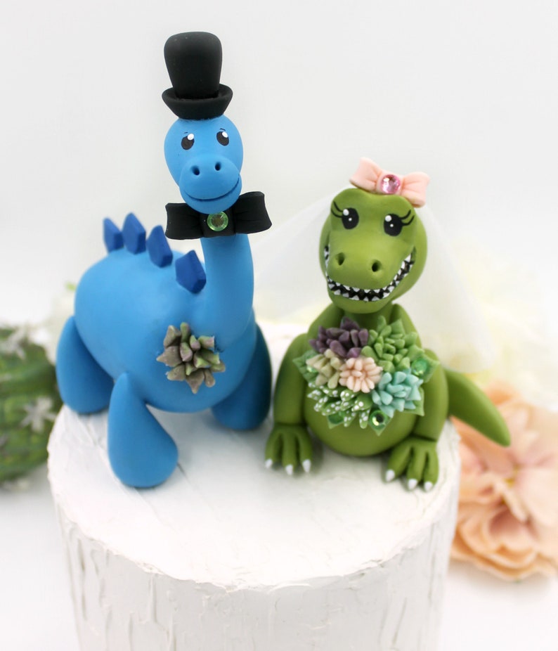 Dinosaurier Hochzeit T-rex Tortenstecker, Mr & Mrs rustikale Tier personalisiert Jurassic Park Braut und Bräutigam Brontosaurus Hochzeitstorte Topper Bild 6