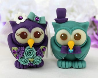 Owl wedding cake topper, teal purple love birds, custom bride and groom with banner