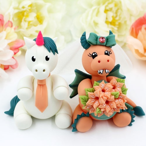 Dragon Unicorn wedding cake topper, animal store custom fantasy handmade unique cake topper, unique wedding gift, unicorn groom, dragon bride