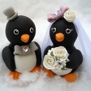 Penguin wedding cake topper - love birds with banner for names and date, 3.3&quot; tall