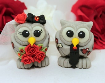 Tattooed owl wedding cake topper, love bird, tattoo bride and groom, red ruby bouquet, rockabilly wedding