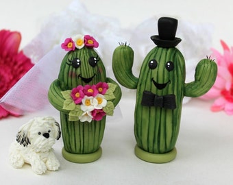 Saguaro cactus wedding cake topper, personalized cute bride and groom with banner, desert wedding