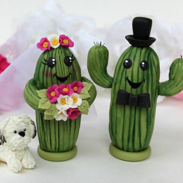 Saguaro cactus wedding cake topper, personalized cute bride and groom with banner, desert wedding