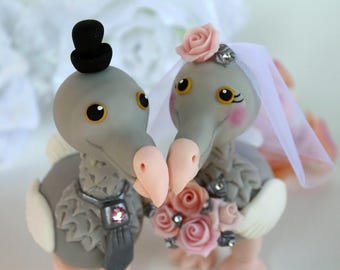 Custom Dodo Bird wedding cake topper, love bird bride and groom figurines, prehistoric animals