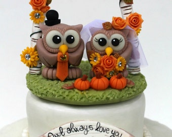Custom wedding owl cake topper with BIRCH BARK ARC, base and banner, autumn orange wedding