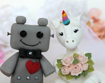 Robot and Unicorn wedding cake topper, fantasy cake topper, personalized unique wedding