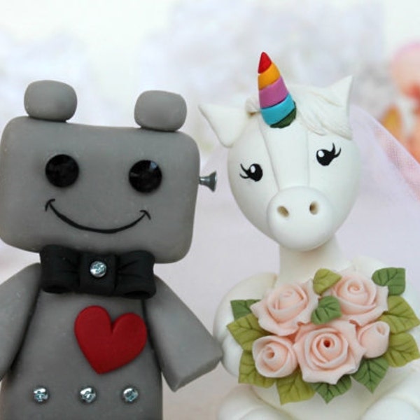 Robot and Unicorn wedding cake topper, fantasy cake topper, personalized unique wedding