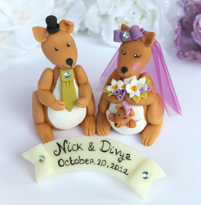 Kangaroo custom wedding cake topper, Australian kangaroos with baby, personalized wedding, 4 tall image 5