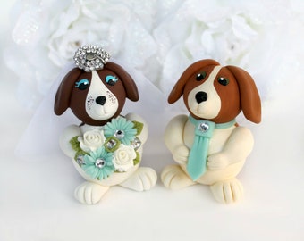 Beagle wedding cake topper, Rustic bride and groom dog, custom pet animal handmade figurines