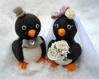 Penguin wedding cake topper - love birds with banner for names and date, 3.3" tall