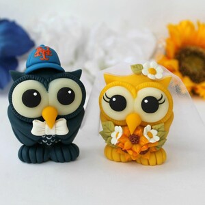 Bride and groom love bird owl cake topper, custom wedding cake topper, cute animal cake topper, owl wedding cake decorations with banner image 4