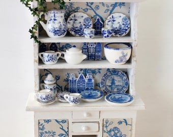 Handcrafted 1:12 scale Dollhouse Hutch miniature, Delft blue Holland pottery curiosities kitchen cabinet, mini furniture