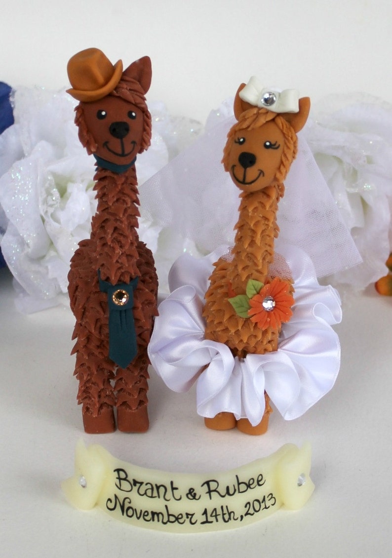 Llama wedding cake topper with personalized banner, custom bride and groom more than 6 tall image 2